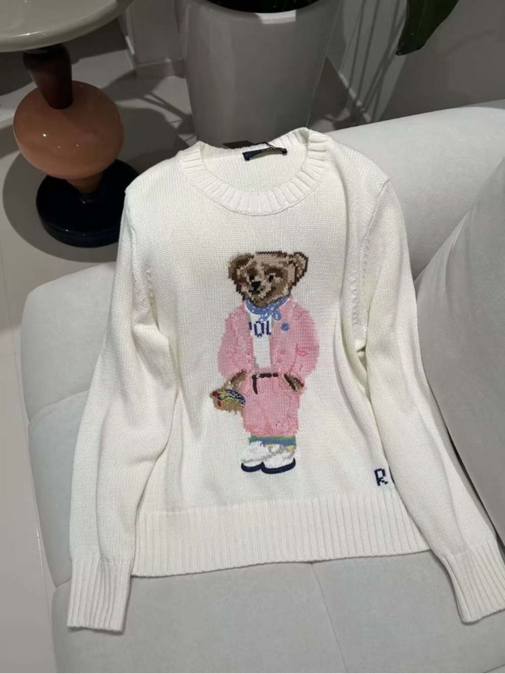 Polo by Ralph Lauren Cream Crewneck Sweater with Pink Teddy Bear
